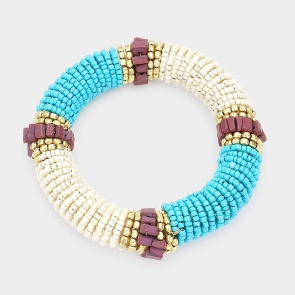 Natural Stone Blue & Ivory Seed Beaded Stretch Bracelet - Picture 3 of 5